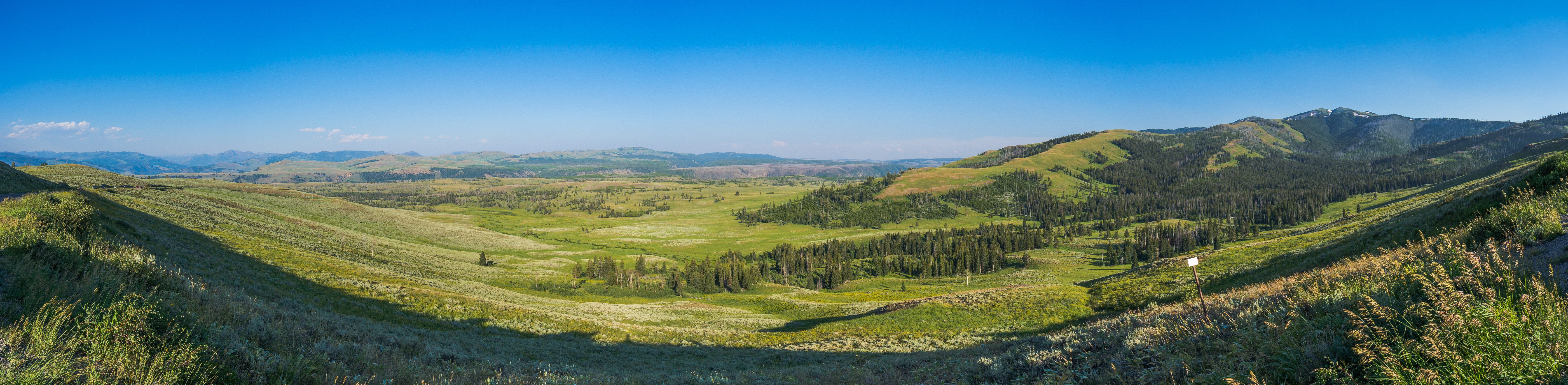 Панорама холмистой долины с лесными участками, Йеллоустон