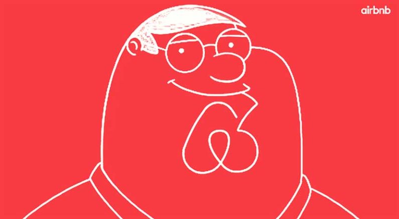 Мультяшный персонаж, нарисованный белым контуром на красном фоне с логотипом Airbnb