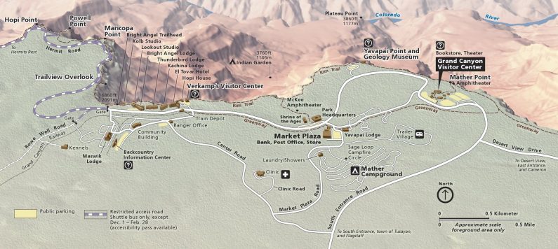 Подробная карта поселка Гранд-Каньон-Виллидж на южном крае каньона